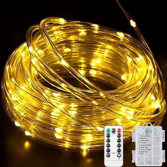 LED Rope Lights Battery Operated, 23ft 50 LEDs Outdoor/Indoor Waterproof Fairy Lights 8 Modes Dimmable/Timer with Remote Control for Christmas Camping Party Garden Holiday Decoration,Warm White