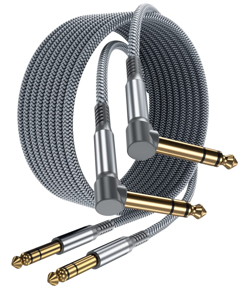 Unbranded 1/4 Quarter Inch TRS Instrument Cable 10ft 2-Pack,Right-Angled to Straight 6.35mm Guitar Bass AMP Cord,6.3mm Male Stereo Audio Line for Electric Guitar,Bass,Keyboard,Mixer,Amplifier,Speaker