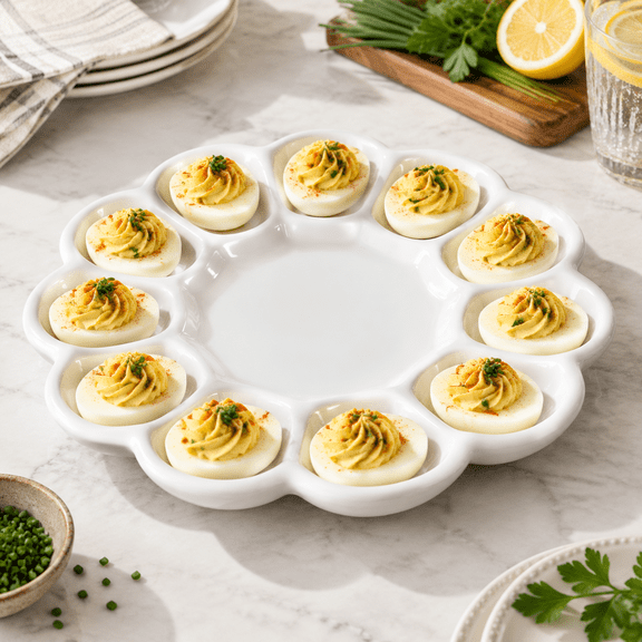 Unbranded 10 Inch Round Ceramic Deviled Egg Tray with 12 Wells