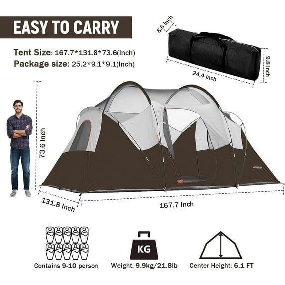 Unbranded 10 Person Camping Tent Windproof Fabric Dome Tent Brown