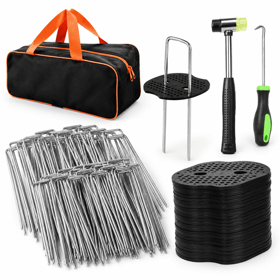 Unbranded 100-Pack Galvanized Steel U-Shaped Garden Stakes Kit with Mallet and Tool