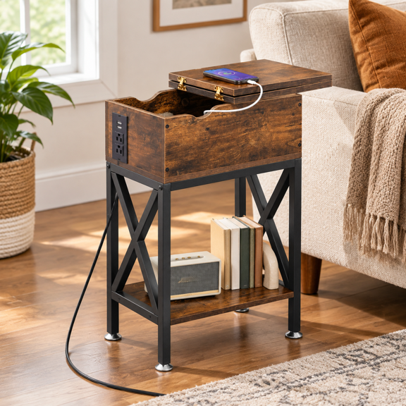 Unbranded 11" D x 24" W x 23" H Brown End Table with Charging Station and Storage Drawer
