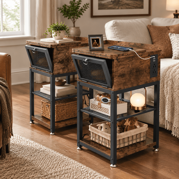 Unbranded 12" D x 24" W x 28" H Set of 2 Flip Top End Tables with Charging Station
