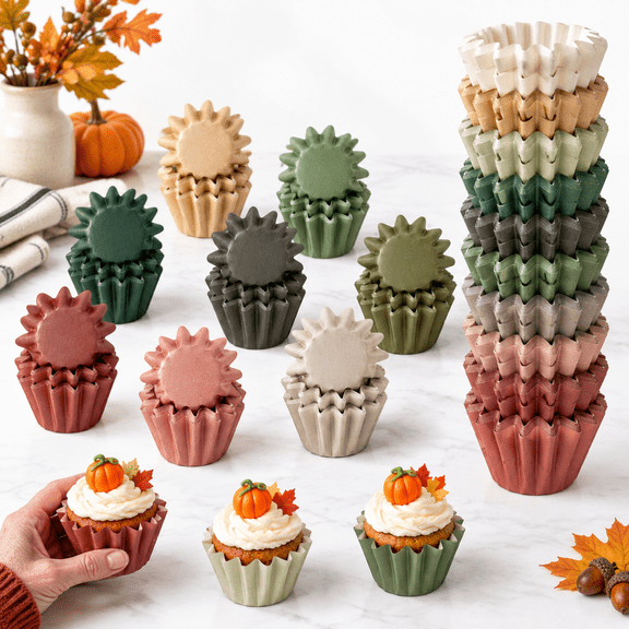 Unbranded 200 Pack Mini Fall Themed Cupcake Liners, 10 Styles, Dark Colored