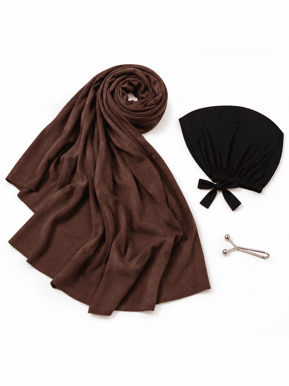 3-Piece Modal Feel Hijab Set with Undercap and Clip, Coffee/Black