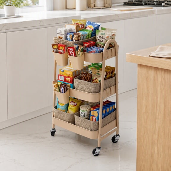 Unbranded 3-Tier Rolling Utility Cart with 4 Woven Baskets, Diaper Book Snack Cart, Storage Organizer for Nursery, Kitchen, Craft Room, Home SPA, Living Room, Metal Frame Trolley on Lockable Wheels