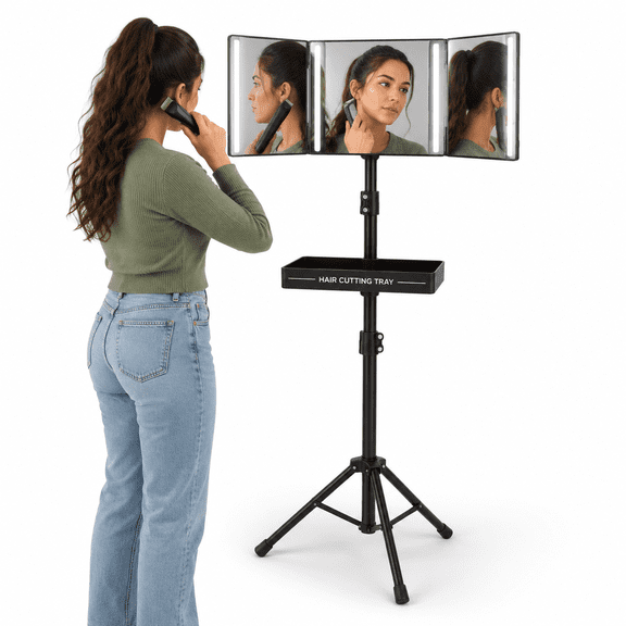 Unbranded 3-Way Rechargeable LED Trifold Tripod Mirror with Clipper Tray