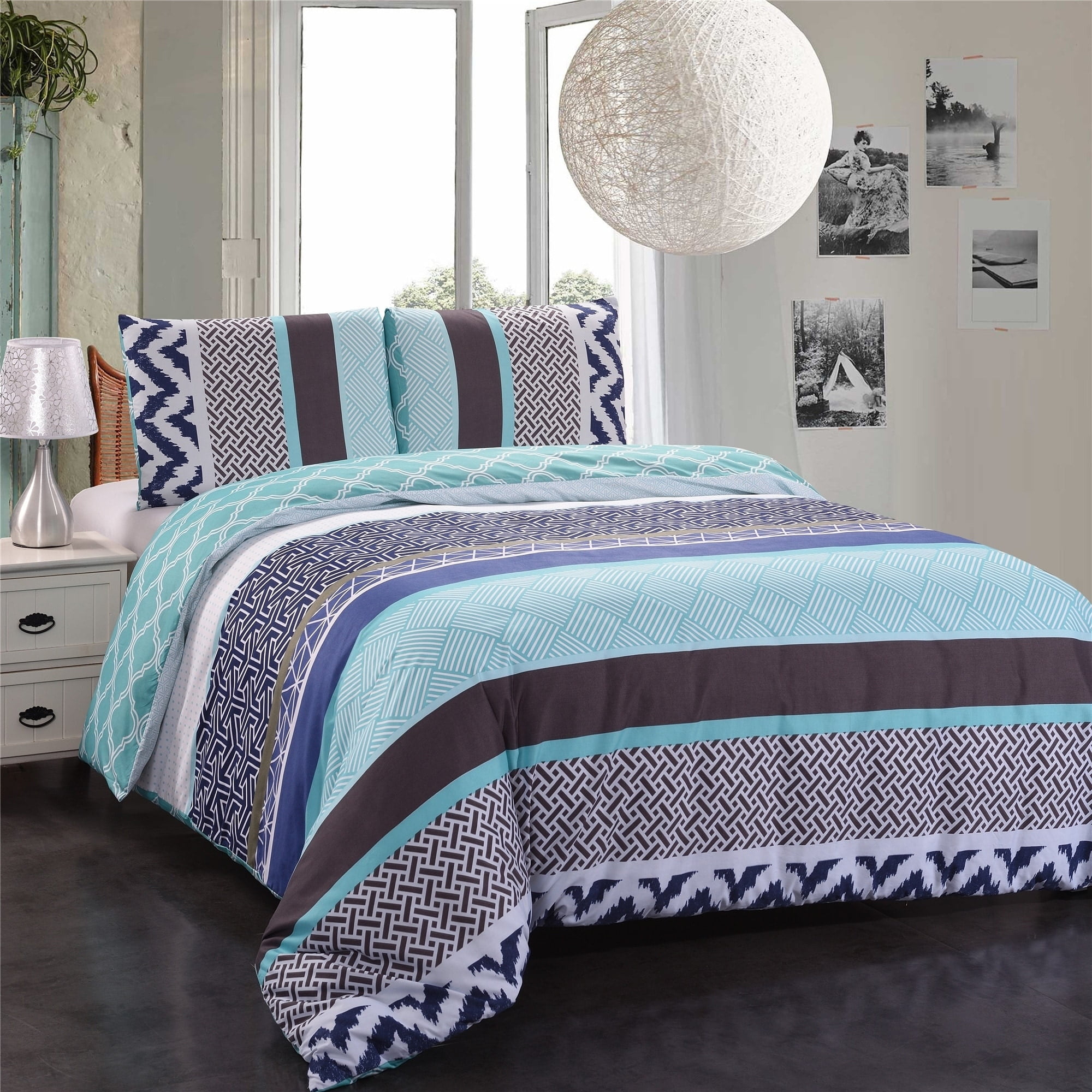 Blue and Brown Geometric Pattern Queen Microfiber Duvet Cover Set