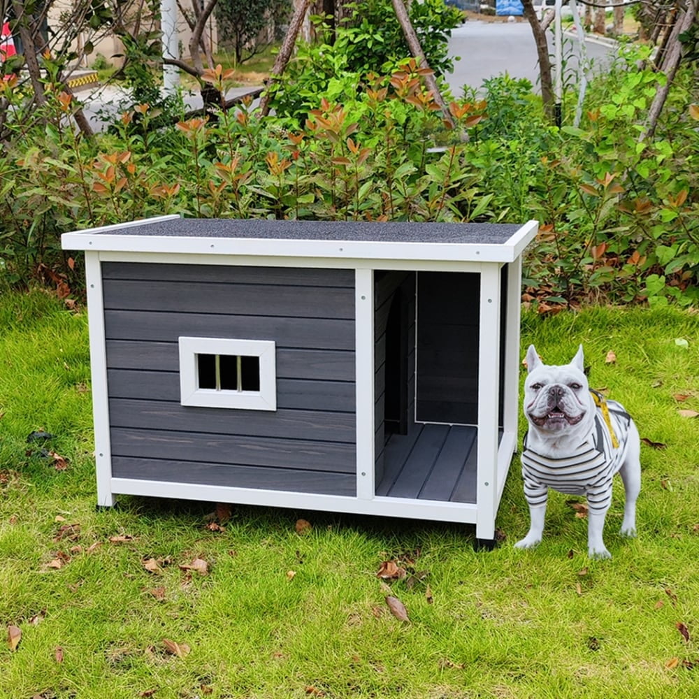 Gray Fir Wood Outdoor Dog House with Porch Deck
