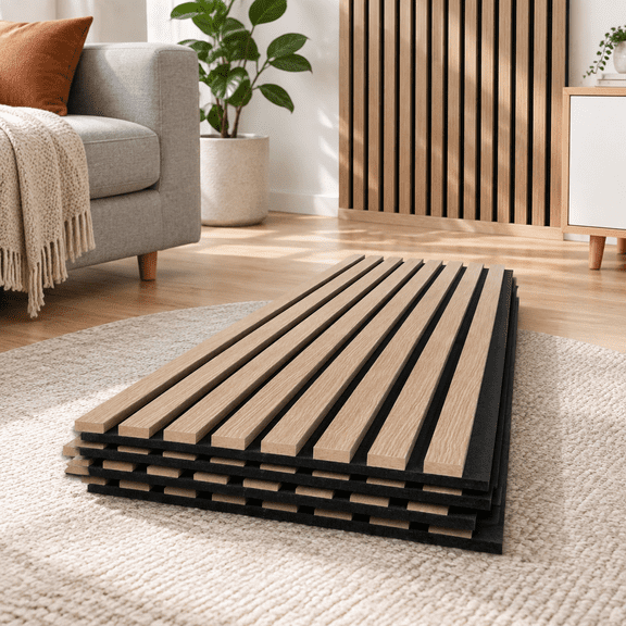 Unbranded 4-Piece Oak Acoustic Dampening Wood Slat Wall Panels, 96" x 12.6"