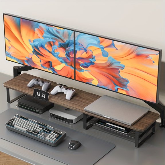 Unbranded 40inch Solid Wood Dual Monitor Stand Riser, Adjustable Height Ergonomic Computer Monitor Stand for Desk with Storage Shelf & Cable Management, Modern Minimalist Desktop Organizer for Home