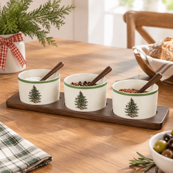 Unbranded 7-Piece Ceramic & Wood Condiment Server Set, Christmas Tree Design