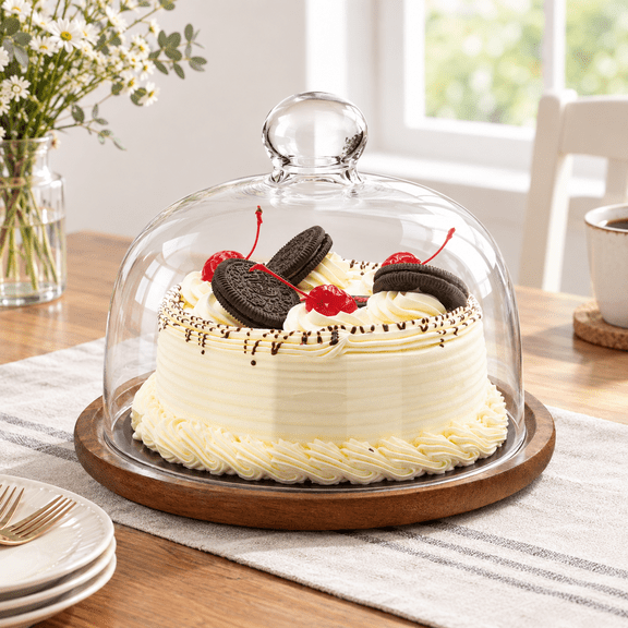 Unbranded 7-inch Clear Glass Cloche with 8-inch Wood Tray for Cake and Cheese Display