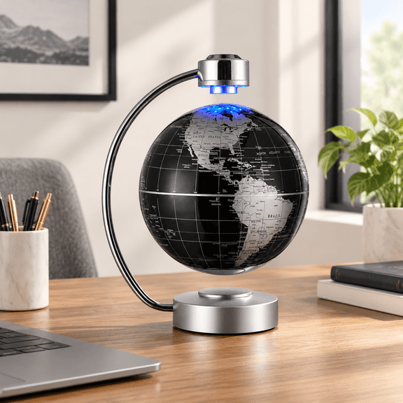 Unbranded 8" Floating Levitating Globe with LED Lights, Black Desktop Decor
