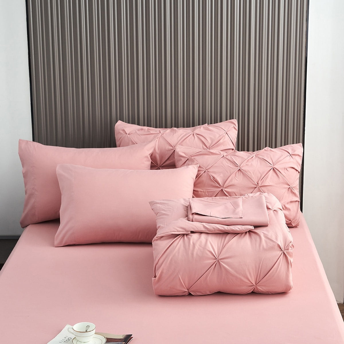 California King Pink Microfiber Pintuck Bed in a Bag Set