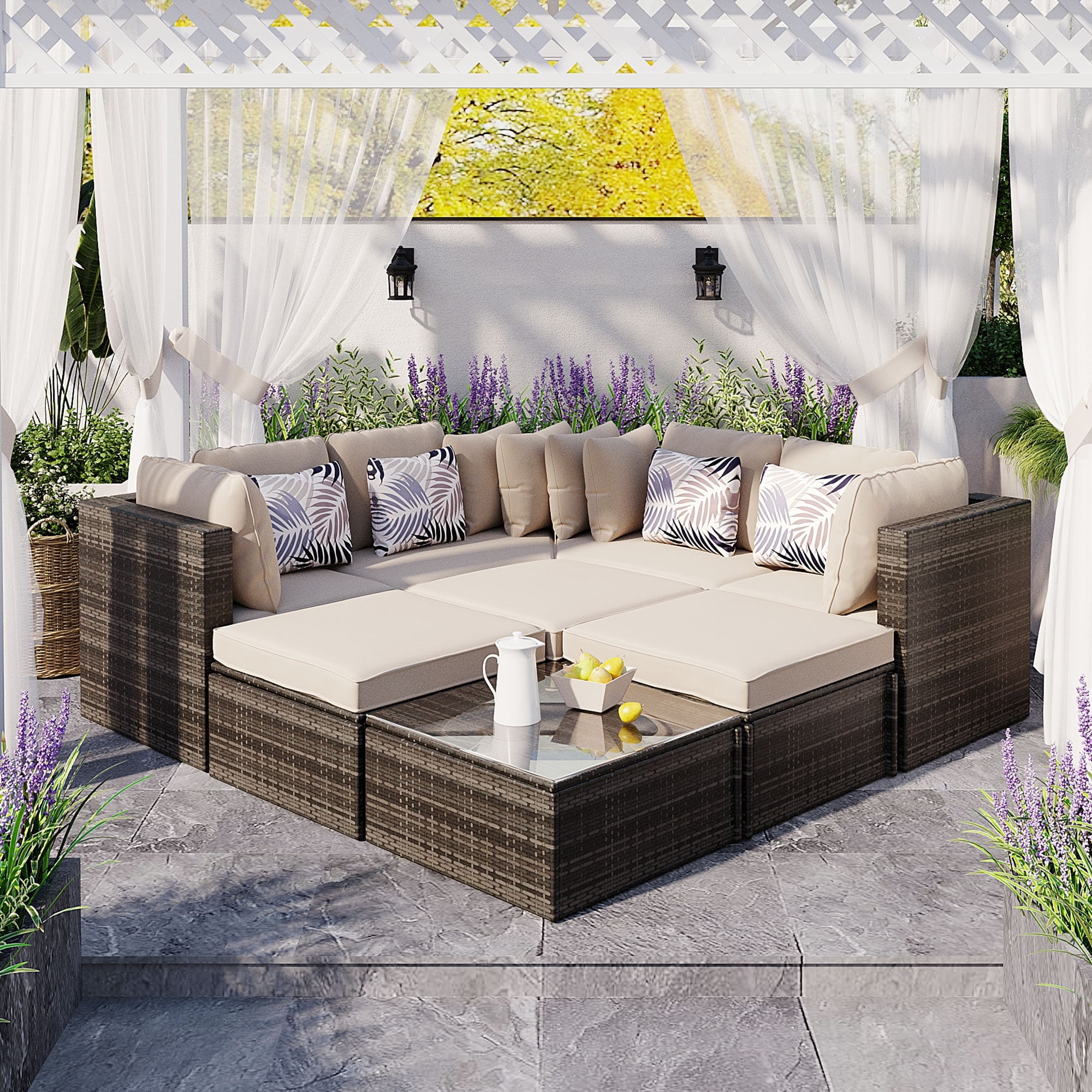 7-Person Brown Wicker Outdoor Sectional Set with Beige Cushions