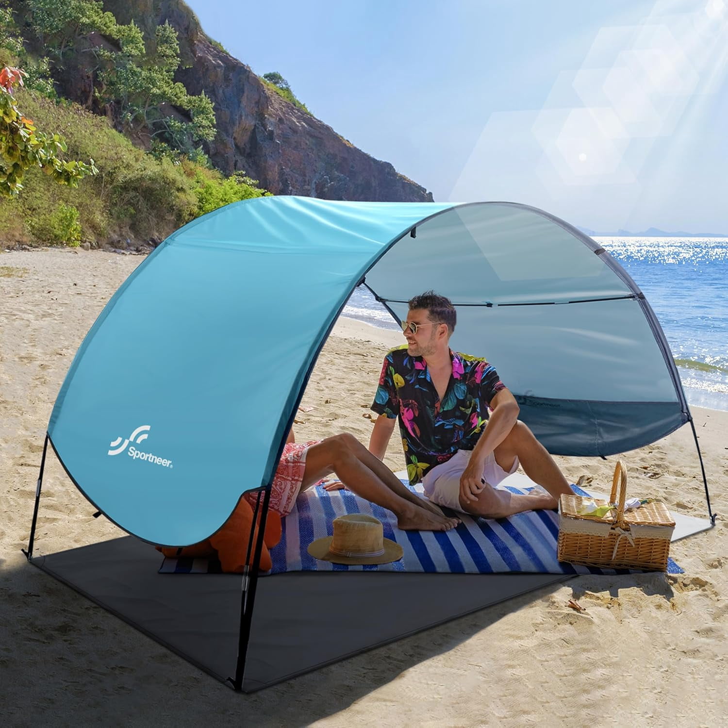 Unbranded Beach Tent Sun Shelter: UPF 50+ UV Protection Beach Canopy Tent Sun Shade for 2-3 Person, Easy Set Up Beach Tent Canopy with 8 Wind Ropes and 12 Ground Stakes for Beach, Size 96.5''x55.7''