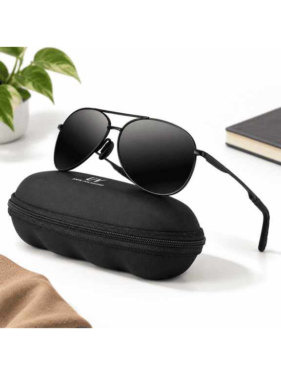 Black Frame Black Lens Polarized Aviator Sunglasses for Outdoor Activities