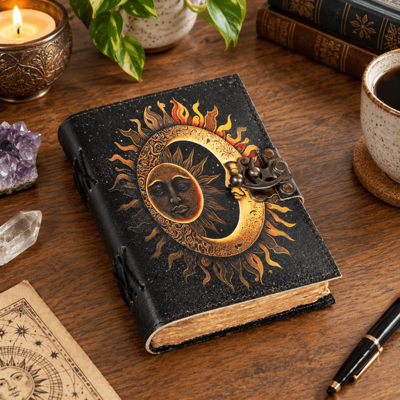 Unbranded Black Leather Sun & Moon Journal with Lock, 7 x 5 Inch, 200 Pages