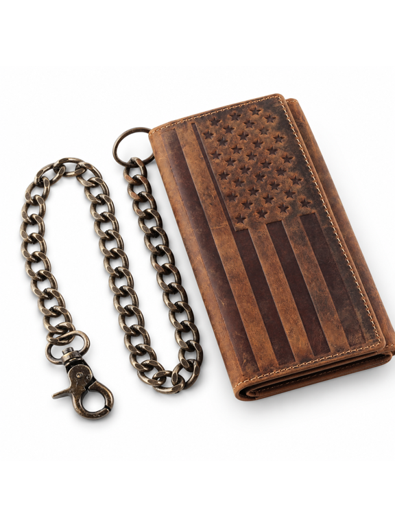Brown with Flag RFID Blocking Tri-Fold Cowleather Long Wallet with Steel Chain