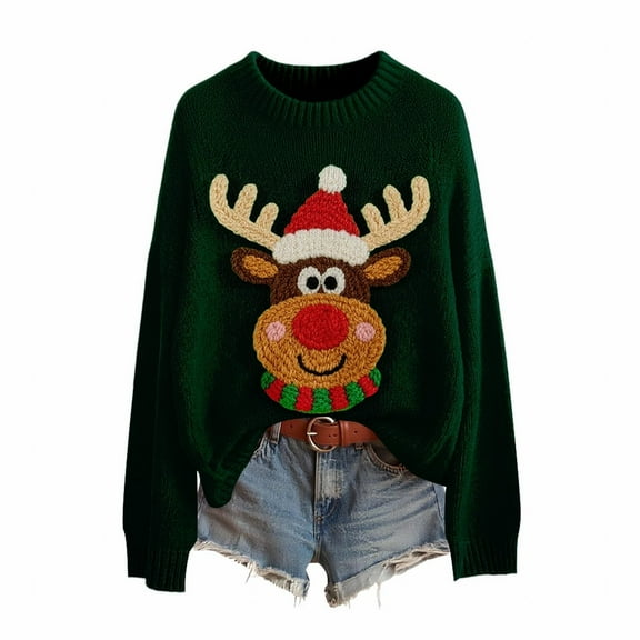 Unbranded Christmas Sweaters for Women Snowflake Reindeer Santa Holiday Sweater Ugly Xmas Tree Knitted Pullover Tops Dark Green L