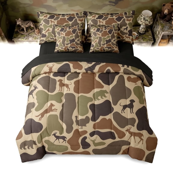 Unbranded Deer Bear 7 Piece Bedding Set Twin Camo Comforter Set with Sheets Hound Turkey Wolf Army Print Bed in a Bag Brown Farmhouse Camouflage for Kids Boys Girls