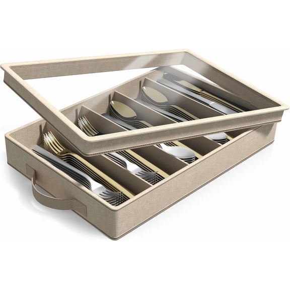 Unbranded Flatware & Utensil Storage - Gray Fabric Chest Box for Storage and Organizing Utensils, Silverware, Flatware, Cutlery - Silverware Organizer Container with Clear Lid & Adjustable Divider