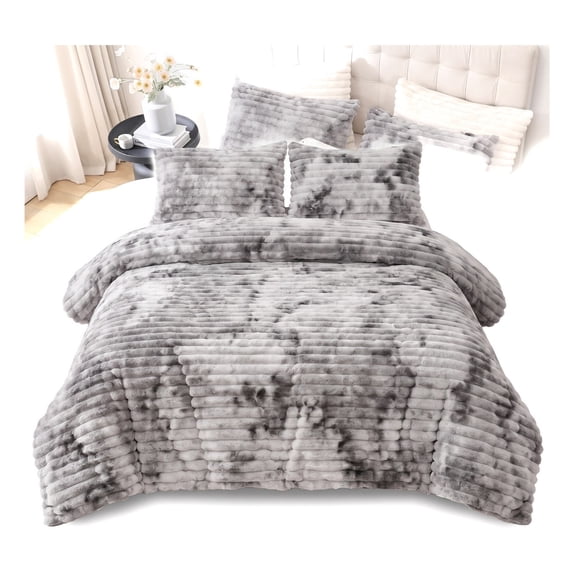 Unbranded Fluffy King Size Comforter 3 PCS - Tie Dye Grey Fleece Bedding Set | Luxury Fuzzy Plush & Super Soft Bed Set All Season, Heavy Cozy Warm Faux Fur Stripe Comforter with 2 Pillow Cases