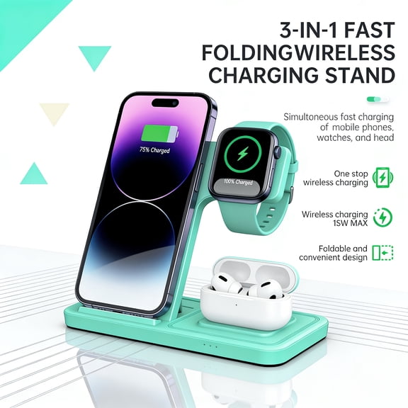 Unbranded-Foldable 3 in 1 Fast Charging Station, 15W Wireless Charger Stand for Iphone 15, 14, 13, 12, 11/Pro/Max/Mini/Plus, X, XR, Xs/Max, Se, 8/Plus, Suitable for Iwatch 1-9, Suitable for Airpods