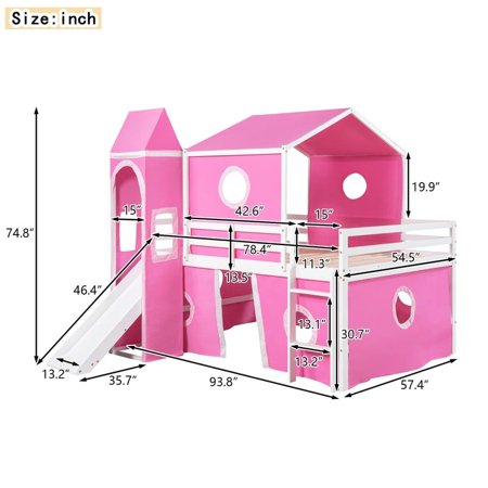 Unbranded Full Size Bunk Bed with Slide Pink Tent and Tower Pink