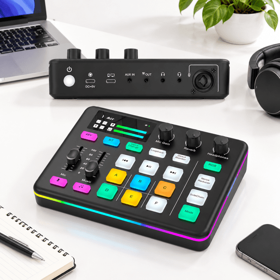Unbranded Gaming Audio Mixer with RGB Soundboard, Voice Changer, 6 Sound Pads and 48V Phantom Power