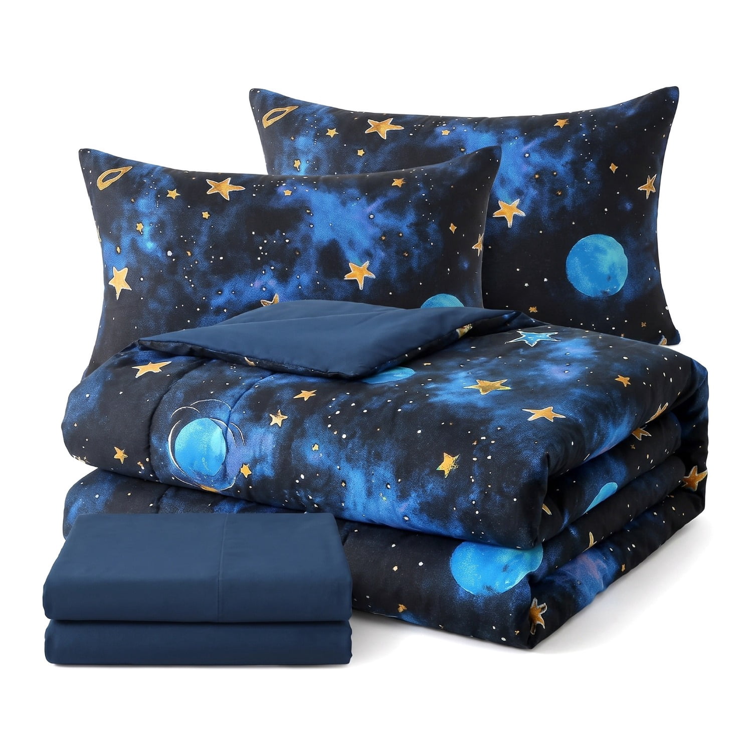 Unbranded Glow in The Dark Kids Comforter Set, 5 Pieces Blue Space Bedding Set Twin Size for Boys Girls Teen, 1 Comforter, 1 Pillowcase, 1 Pillow Sham, 1 Flat Sheet, 1 Fitted Sheet