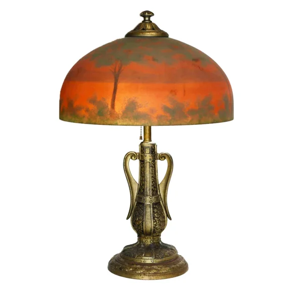 Pre-Owned Unbranded Handel Style Reverse Painted Lamp on White Metal Patinated Base