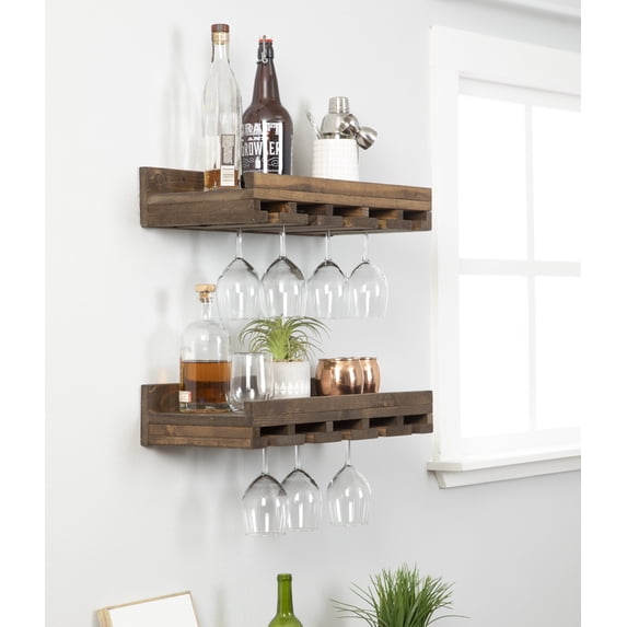 Unbranded Home LLC Rustic Luxe Stemware Wall Mounted Wine Rack Shelves, Set of 2 24 in. - Dark Brown