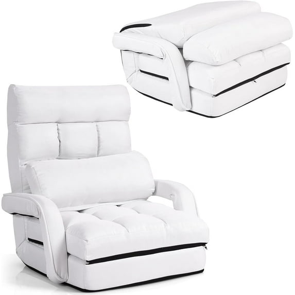 Unbranded Indoor Chaise Lounge Sofa, Folding Lazy Sofa Floor Chair with 6-Position Adjustable Backrest Lumbar Pillow, Folding Padded Lounger Bed with Armrests, Assembly-Free (White)
