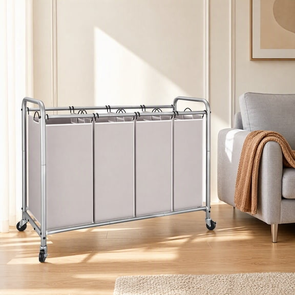 Unbranded Laundry Sorter 4 Section, 47.5 Gal (180 L) Laundry Hamper with Wheels, Clothes Divider Basket Sorter, Separator Hamper Cart with Removable Bags, Gray