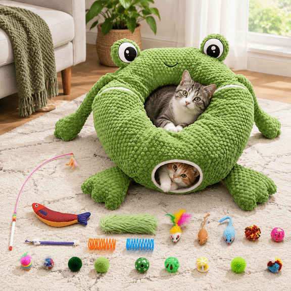 Unbranded Light Green Large Frog-Shaped Cat Tunnel Bed for Indoor Kittens