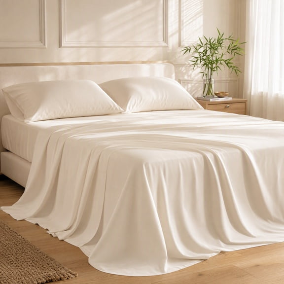 Unbranded Love's cabin 4 Piece Queen Sheet Set, 100% Rayon Derived from Bamboo, Cooling & Breathable, Soft Silky Deep Pocket up to 16", Hotel Luxury Bedding for Hot Sleepers, Beige