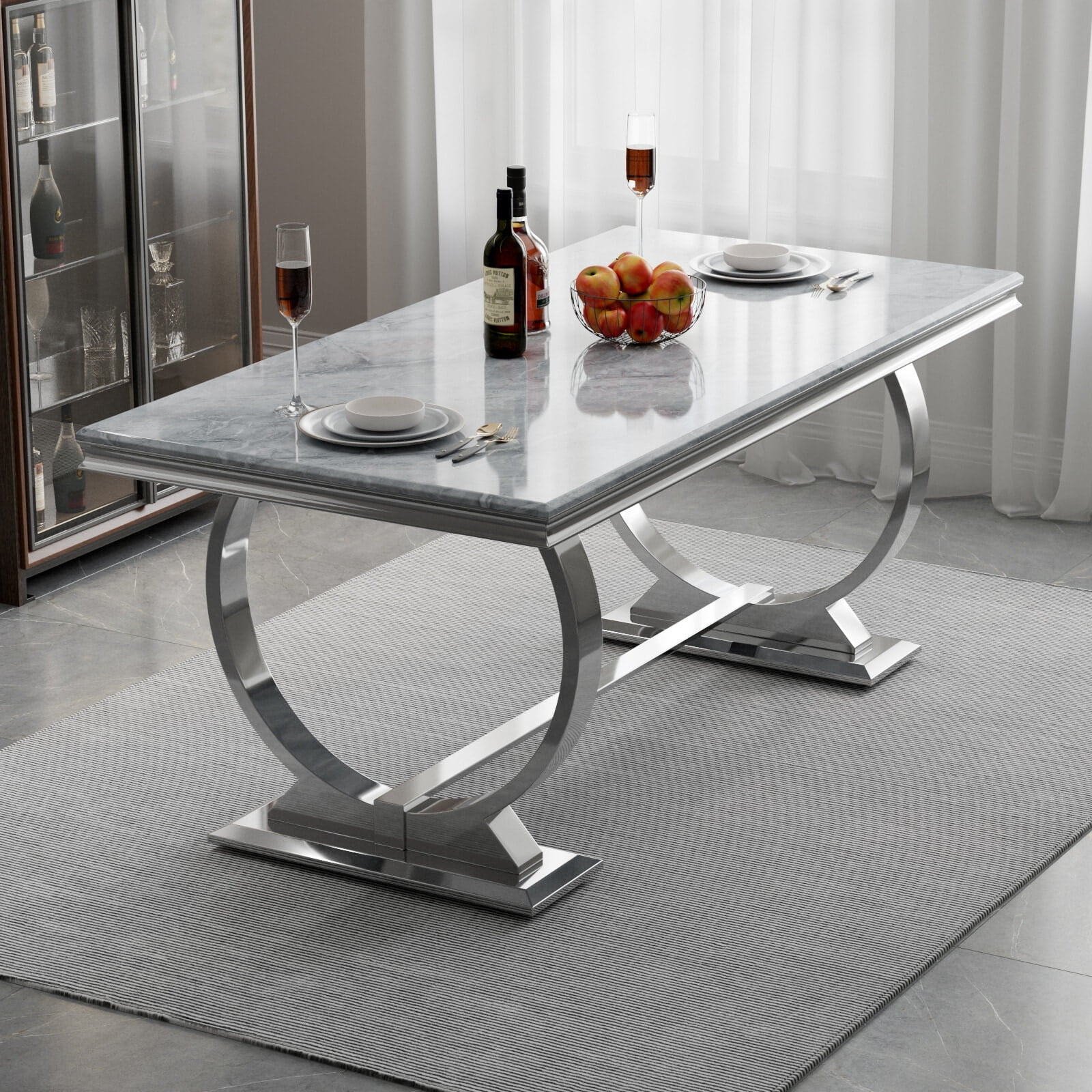 72 Inch Gray Marble Top Dining Table with Stainless Steel Circle Base