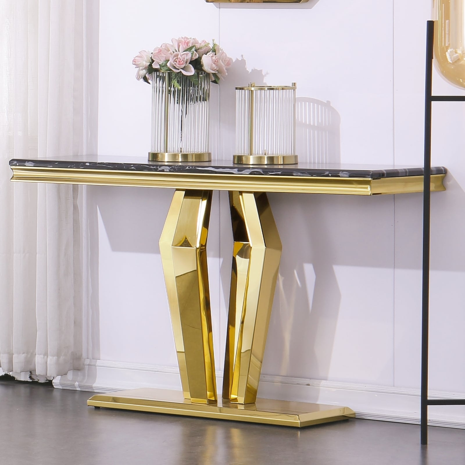 Gold Mirrored Metal Console Table with Faux Marble Top