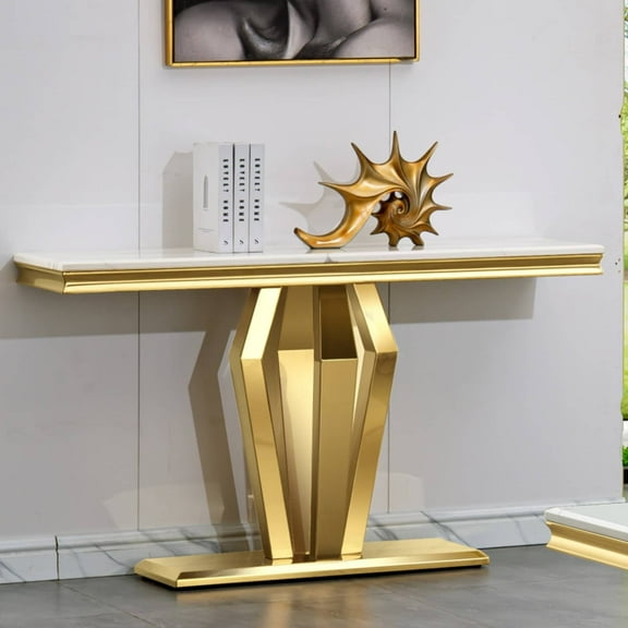Unbranded Luxury Rectangular Sofa Console Table Modern Living Room Entryway Table with Mirrored Gold Geometric Base White