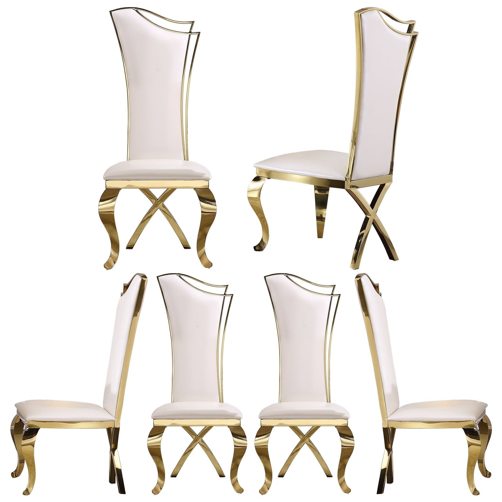 White Faux Leather and Gold Metal Parsons Dining Chairs Set of 6