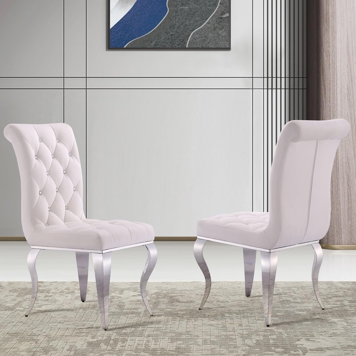 Luxury White Velvet Dining Chairs with Silver Mirrored Legs, Set of 2