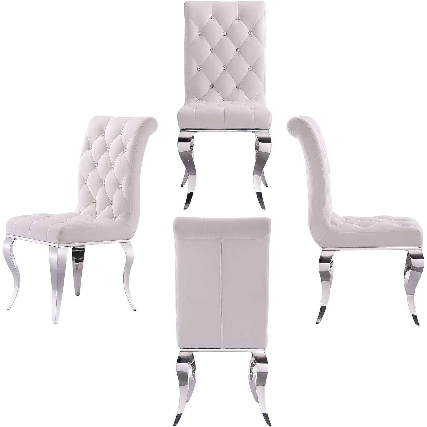 White Velvet Upholstered Parsons Chairs with Silver Metal Legs, Set of 4