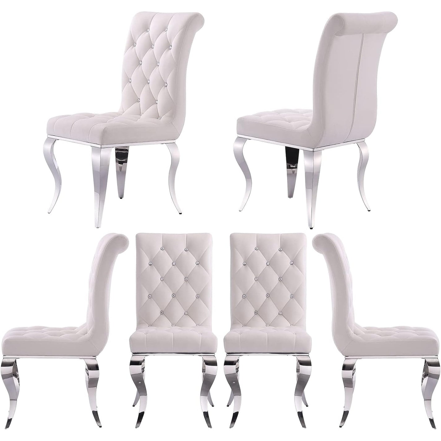 White Velvet Upholstered Dining Chairs with Silver Metal Legs, Set of 6