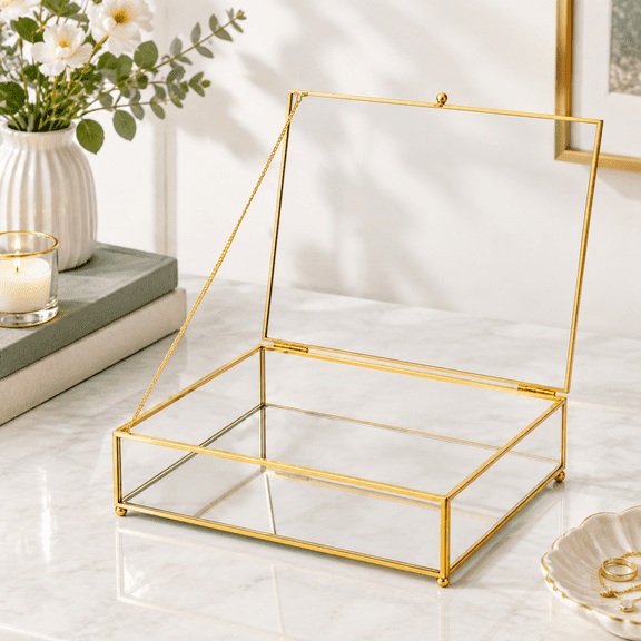 Unbranded Mirrored Decorative Display Box, Golden Finish, 12.20 x 10.75 x 5.08 Inches