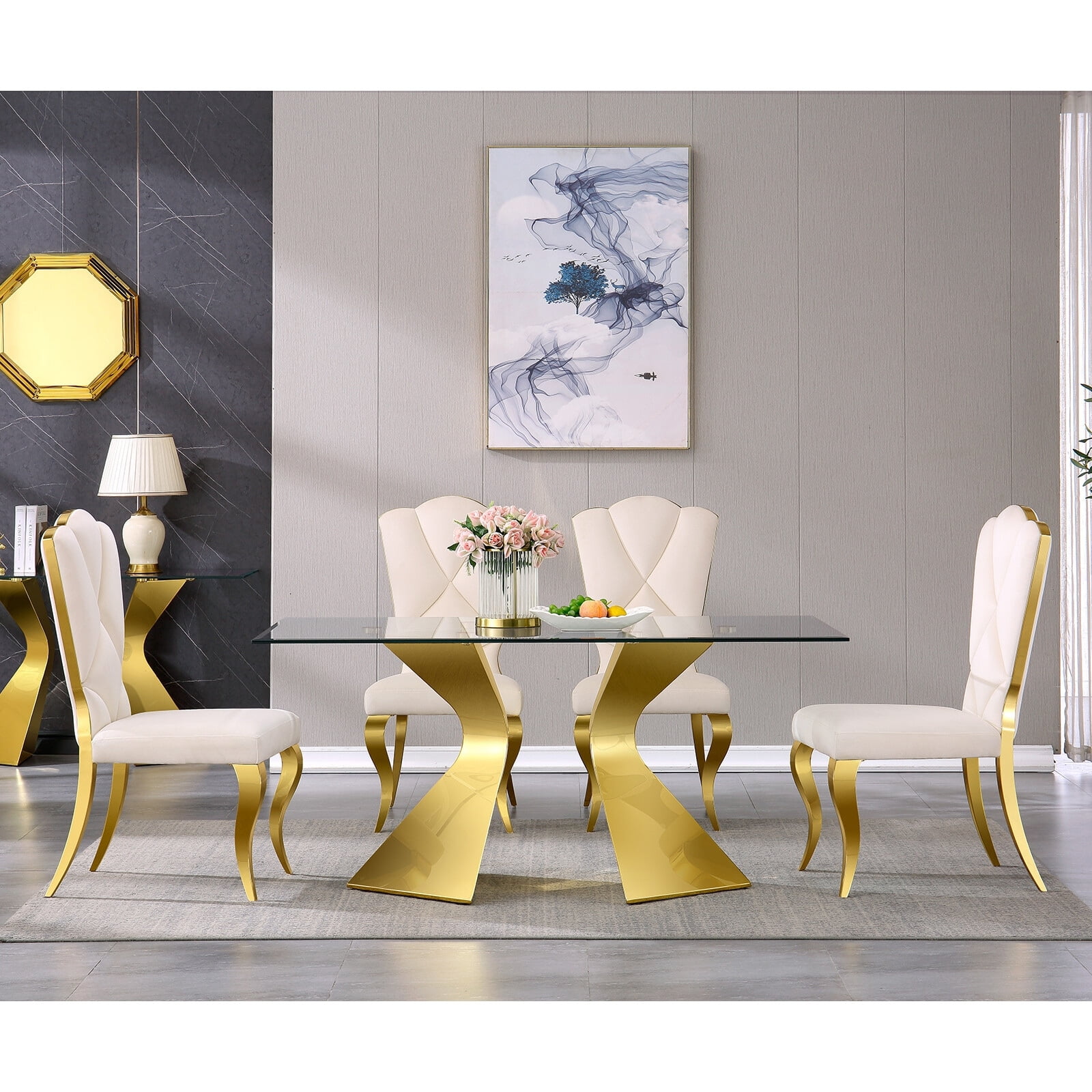 White Velvet Upholstered High Back Dining Chairs with Gold Metal Legs, Set of 6