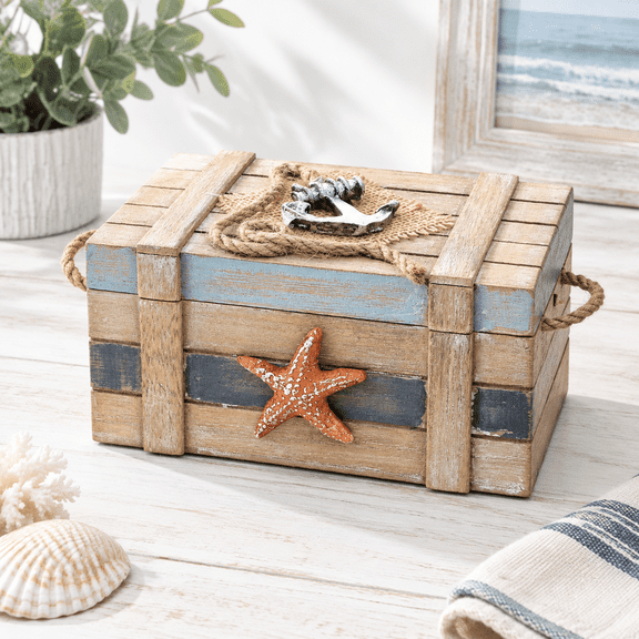 Unbranded Nautical Wooden Decorative Box With Hinged Lid, 6.5 Inch