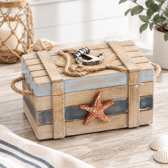 Unbranded Nautical Wooden Decorative Box with Hinged Lid, 6.5 Inch