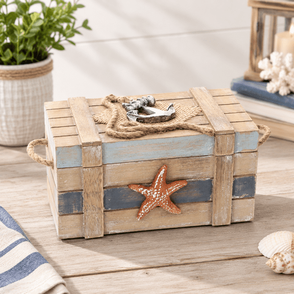 Unbranded Nautical Wooden Decorative Box with Hinged Lid, 6.5 Inch